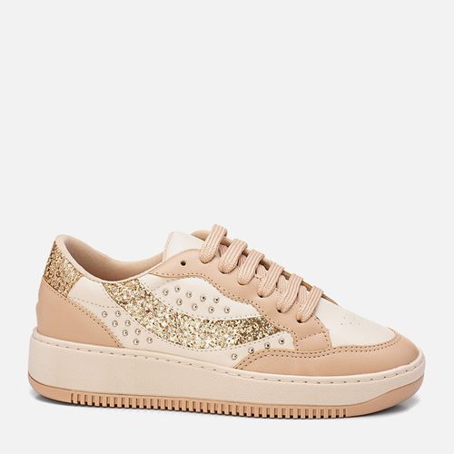 Tênis Sola Alta Bicolor Mix de Materiais Brilho Glitter Tacha Rebite Feminino Milano Amendoa 13805