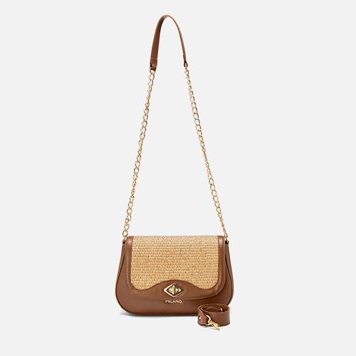 Bolsa Feita em Couro Tiracolo Tramado Natural Palha Alça Opcional de Mão Corrente Dourada  Femininas Feminina Milano Palha Cru/fly Caramelo 13856