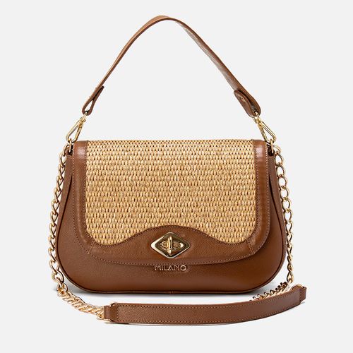 Bolsa Feita em Couro Tiracolo Tramado Natural Palha Alça Opcional de Mão Corrente Dourada  Femininas Feminina Milano Palha Cru/fly Caramelo 13856