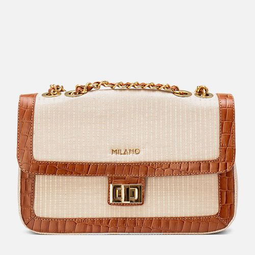 Bolsa Média Feito em Mix de Couro Croco e Material Tramado Tiracolo ou Transversal Alça Corrente Tira Regulável Feminina Milano Camel/cru 13870