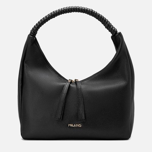 Bolsa Hobo ou Meia Lua Feito em Couro Grande Alça Estruturada Tiras Puxadores Longos Feminina Milano Preto 13860