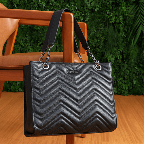 Bolsa Tote ou de Mão Feita em Couro Média Matelassê Alça Corrente Feminina Milano Preto 13863