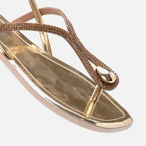 Sandália Rasteira Emborrachada Dedos Aplicação Pedrarias Gota Manta de Strass Metalizada Feminino Milano Ouro Light 13880