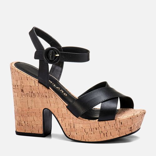 Sandália Plataforma Salto Alto Anabelado Meia Pata Frontal Cortiça Natural Tiras Cruzadas Feminino Milano Preto 13882