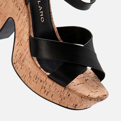 Sandália Plataforma Salto Alto Anabelado Meia Pata Frontal Cortiça Natural Tiras Cruzadas Feminino Milano Preto 13882
