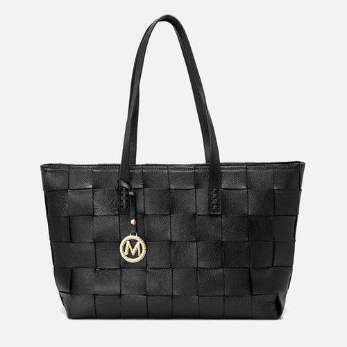 Bolsa Sacola ou Shopping Bag Grande Feita em Couro em Tressê ou Trançadas à Mão Pingente Metal Redondo Feminina Milano Preto 13890
