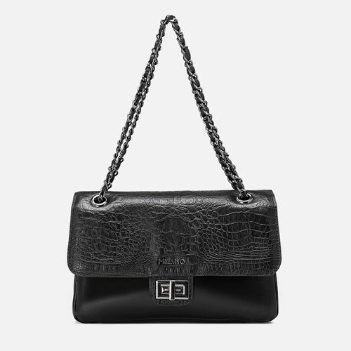 Bolsa Média Feita em Couro Aba Frontal Textura Croco Alça Regulável 2 em 1 Corrente com Tira Transpassada Couro Feminina Milano Preta 13891