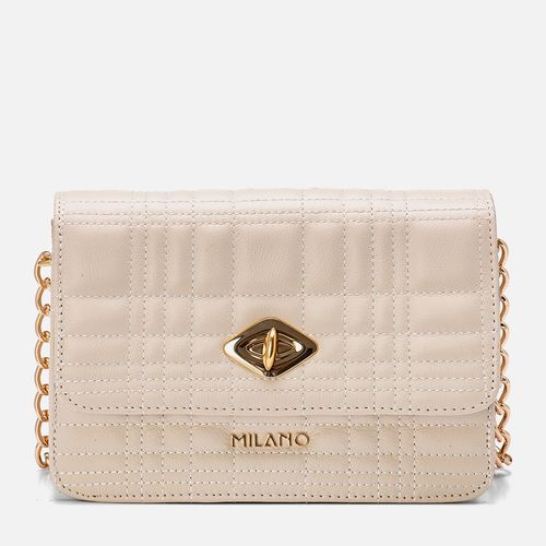 Bolsa Feita em Couro Tiracolo Pequena Retangular Matelassê Aba Frontal Alça Corrente Femininas Feminina Milano Off White 13857