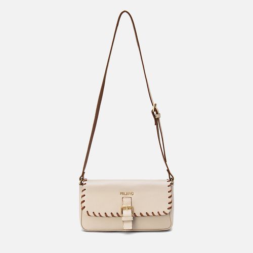 Bolsa Feita em Couro Tiracolo Média Retangular Aba Frontal Contorno Couro Boho Maxi Fivela Femininas Feminina Milano Off White/caramelo 13855