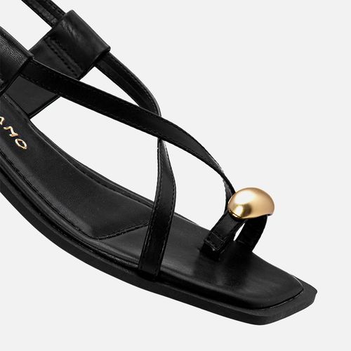 Sandália Salto Bloco Baixo Ring Toe Peça Metalizada Orgânica Feminino Milano Preto 13794
