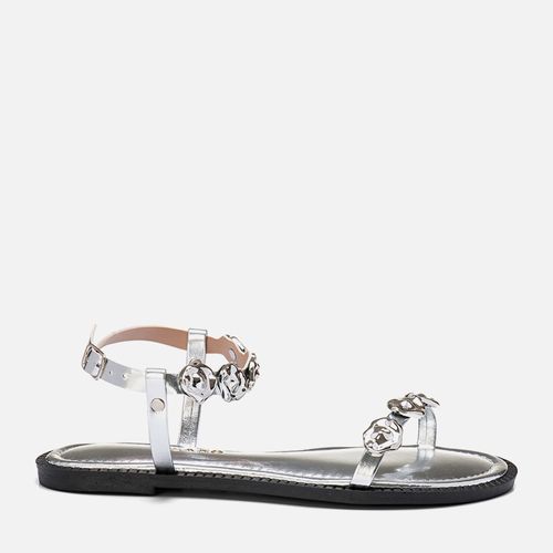 Sandália Rasteira Tiras Finas Tachas ou Studs Peça Orgânica Metalizada Feminino Milano Prata 13903