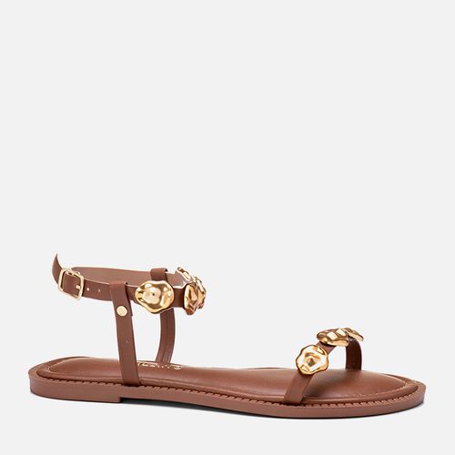 Sandália Rasteira Tiras Finas Tachas ou Studs Peça Orgânica Metalizada Feminino Milano Caramelo 13903