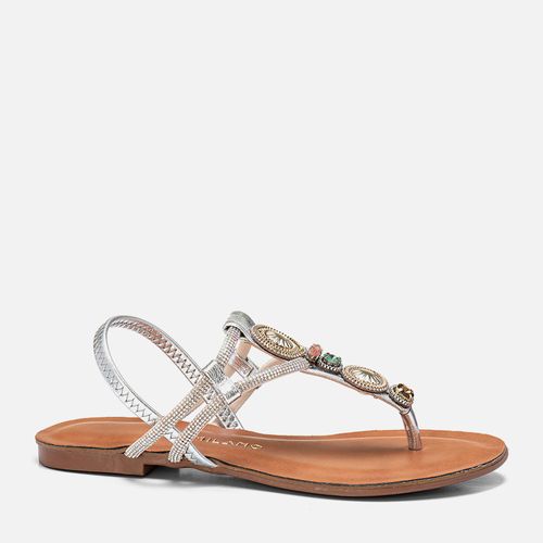 Sandália Rasteira tipo Chinelo Brilho Mix de Pedrarias Manta de Strass Calce Prático Elástico Feminino Milano Prata 13911