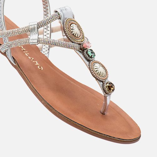Sandália Rasteira tipo Chinelo Brilho Mix de Pedrarias Manta de Strass Calce Prático Elástico Feminino Milano Prata 13911