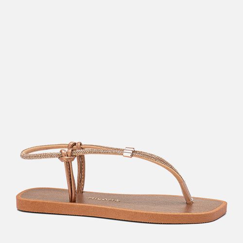Sandália Rasteira tipo Chinelo de Dedo Brilho Manta de Strass Calce Prático Regulagem Feminino Milano Bronze 13932