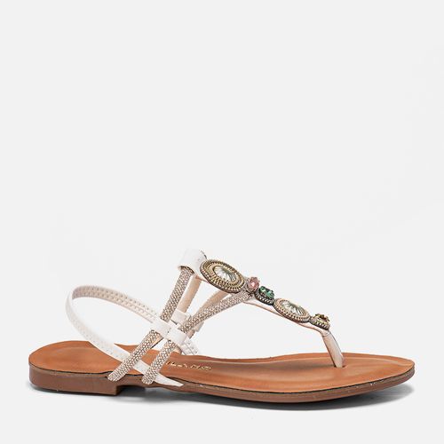 Sandália Rasteira tipo Chinelo Brilho Mix de Pedrarias Manta de Strass Calce Prático Elástico Feminino Milano Off White 13911