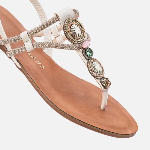 Sandália Rasteira tipo Chinelo Brilho Mix de Pedrarias Manta de Strass Calce Prático Elástico Feminino Milano Off White 13911