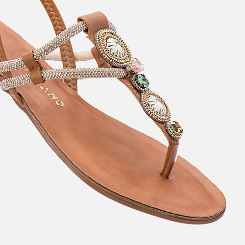 Sandália Rasteira tipo Chinelo Brilho Mix de Pedrarias Manta de Strass Calce Prático Elástico Feminino Milano Capuccino 13911