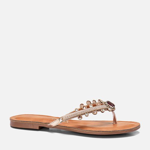 Sandália Rasteira tipo Chinelo Brilho Mix de Pedrarias Manta de Strass Feminino Milano Cobre 13914