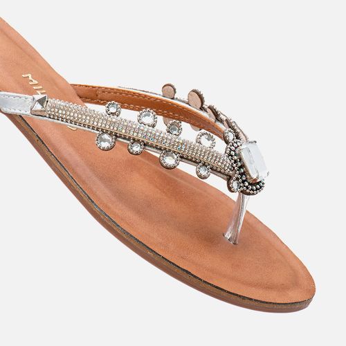 Sandália Rasteira tipo Chinelo Brilho Mix de Pedrarias Manta de Strass Feminino Milano Prata 13914