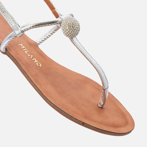 Sandália Rasteira tipo Chinelo Dedo Esfera Brilho Strass Feminino Milano Prata 13842