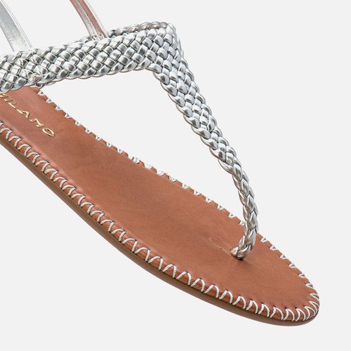 Sandália Rasteira Tramado Tranças Feito à Mão tipo Chinelo de Dedo Contorno tipo Crochê Feminino Milano Prata 13746