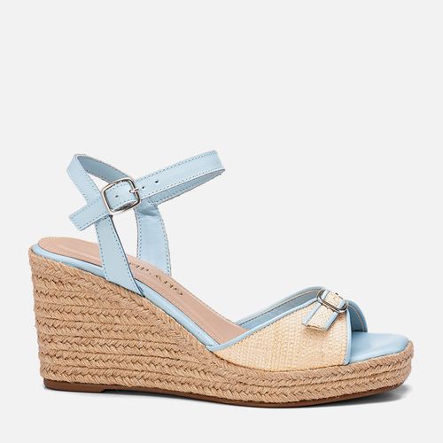 Sandália Anabela Plataforma Alta Feita em Couro Salto Corda Tira Palha Natural Fivela Feminino Milano Azul 13962