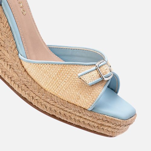 Sandália Anabela Plataforma Alta Feita em Couro Salto Corda Tira Palha Natural Fivela Feminino Milano Azul 13962
