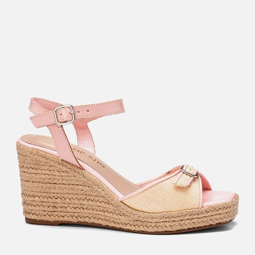 Sandália Anabela Plataforma Alta Feita em Couro Salto Corda Tira Palha Natural Fivela Feminino Milano Rosa 13962