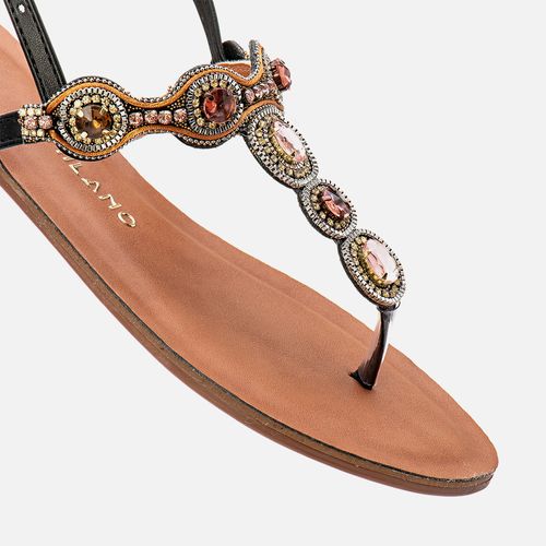 Sandália Rasteira Brilho Mix de Pedrarias Boho Estilo Folk Multicores e Formatos Feminino Milano Preto 13913