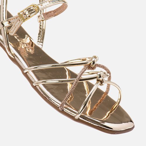 Sandália Rasteira Metalizada Tiras Finas Brilho Strass Nozinho Feminino Milano Ouro Light 13905