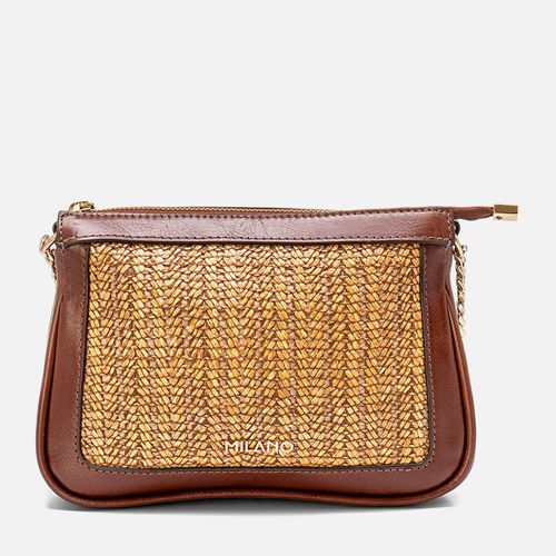 Bolsa Tiracolo ou Transversal Pequena Feita em Couro Mix Tramado Natural Palha Alça Corrente Dourada Feminina Milano Tabaco/natural 13954