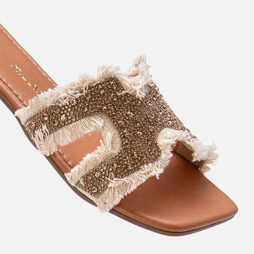 Sandália Rasteira Jeans Tira Slide H Brilho Mix Strass Franjas Desfiadas Palmilha Quadrada Feminino Milano Caramelo 13897