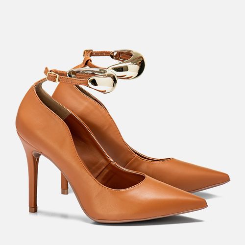 Scarpin Fechado Salto Alto Bico Fino Decote Arredondado Onda Tornozeleira Orgânica Metalizada Cromada Feminino Milano Amber 13937