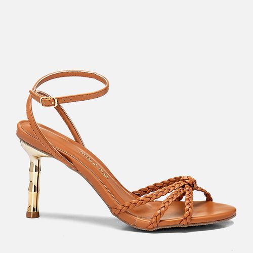 Sandália Salto Alto Fino Geométrico Bambu Metalizado Tiras Finas Trançadas à Mão Nozinho Feminino Milano Amber 13935