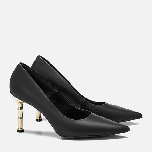 Scarpin Fechado Salto Alto Fino Geométrico Bambu Metalizado Bico Fino Feminino Milano Preto 13867