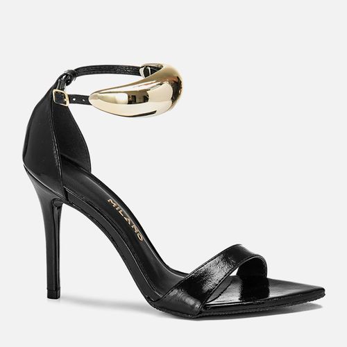 Sandália Salto Alto Fino Bico Folha Tornozeleira Orgânica Metalizada Cromada Feminino Milano Preto 13936
