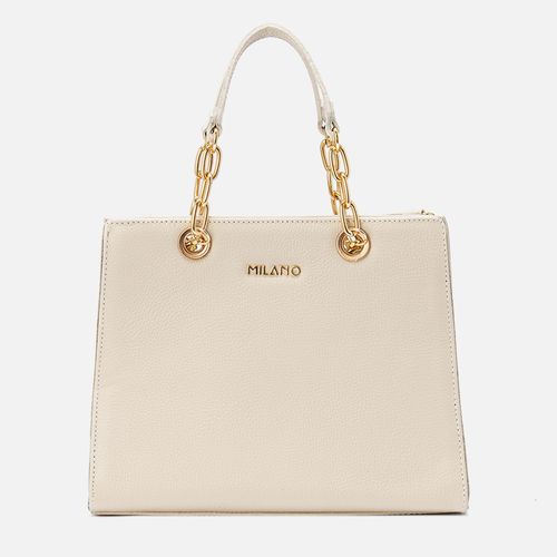 Bolsa Média Feita em Couro tipo Tote de Mão com Alça Corrente Opcional Tiracolo ou Transversal Feminina Milano Off White 13919