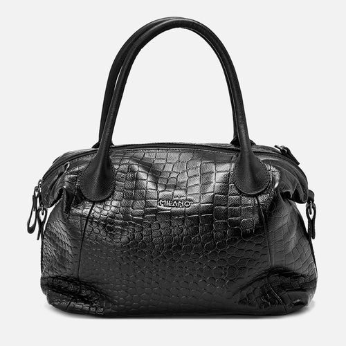 Bolsa Grande Baú Feita em Couro Textura Croco Alça Mão e Opcional Tiracolo Detalhe Enrugado com Tira Lateral Feminina Milano Preto 13861