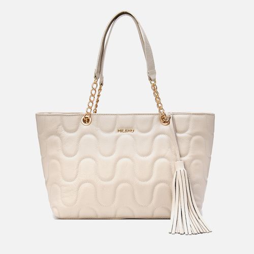Bolsa Sacola ou Shopping Bag Feita em Couro Grande Matelassê Ondas Copacabana Alça Corrente Pingente Barbicacho Feminina Milano Off White 13864