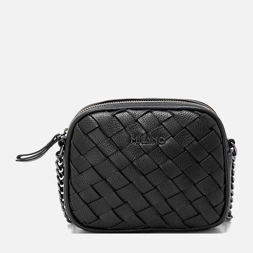 Bolsa Pequena Tiracolo ou Transversal Feita em Couro Tramado Tressê Feito à Mão Alça Corrente Feminina Milano Preto 13957