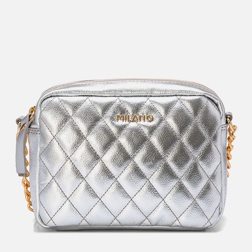 Bolsa Tiracolo ou Transversal Feita em Couro Pequena Matelassê Corrente na Alça Feminina Milano Prata 13600
