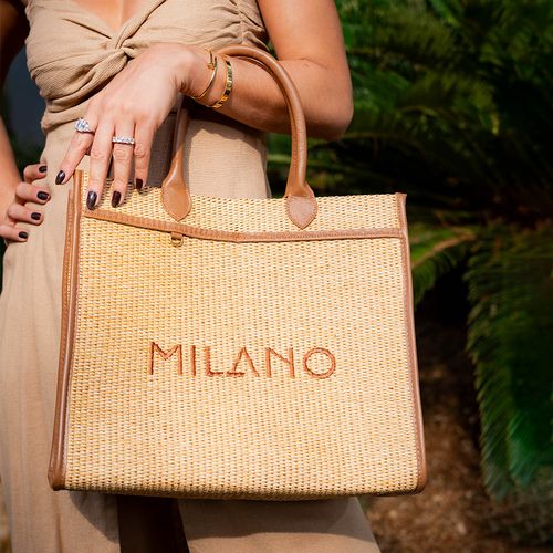 Bolsa Sacola de Mão Grande Palha Tramada Natural e Couro Bordado Logomania Milano Feminina Milano Bege/off White 13956