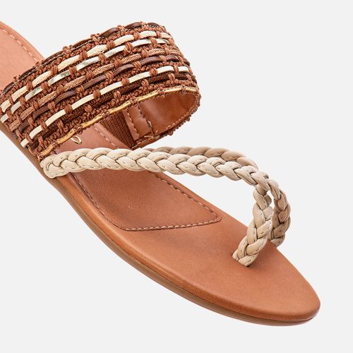 Sandália Rasteira Tiras Crochê Tramadas Trançadas à Mão Cruzadas Mix de Cores Metalizados Elástico  Feminino Milano Off White 13915