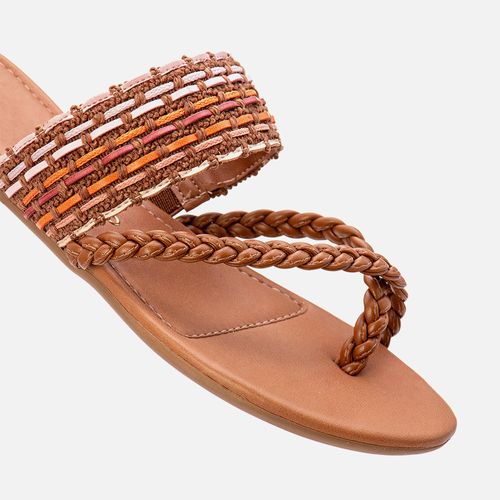 Sandália Rasteira Tiras Crochê Tramadas Trançadas à Mão Cruzadas Mix de Cores Metalizados Elástico  Feminino Milano Amber 13915