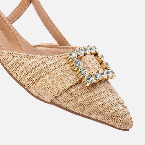 Sapatilha Aberta Bico Fino Tramado Natural Palha Metal Brilho Strass Tira Slingback Feminino Milano Amendoa 13916
