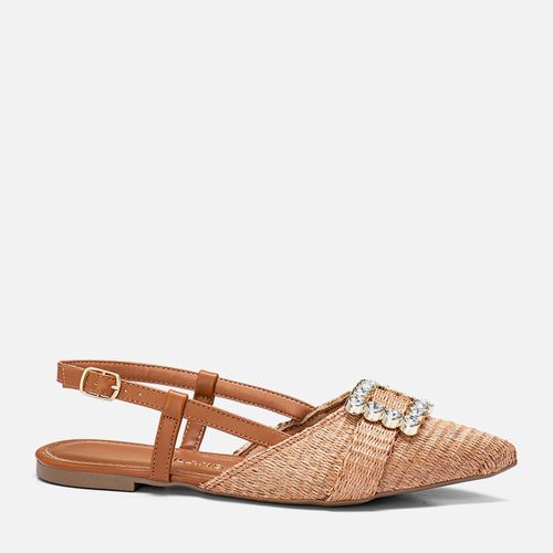 Sapatilha Aberta Bico Fino Tramado Natural Palha Metal Brilho Strass Tira Slingback Feminino Milano Amber 13916
