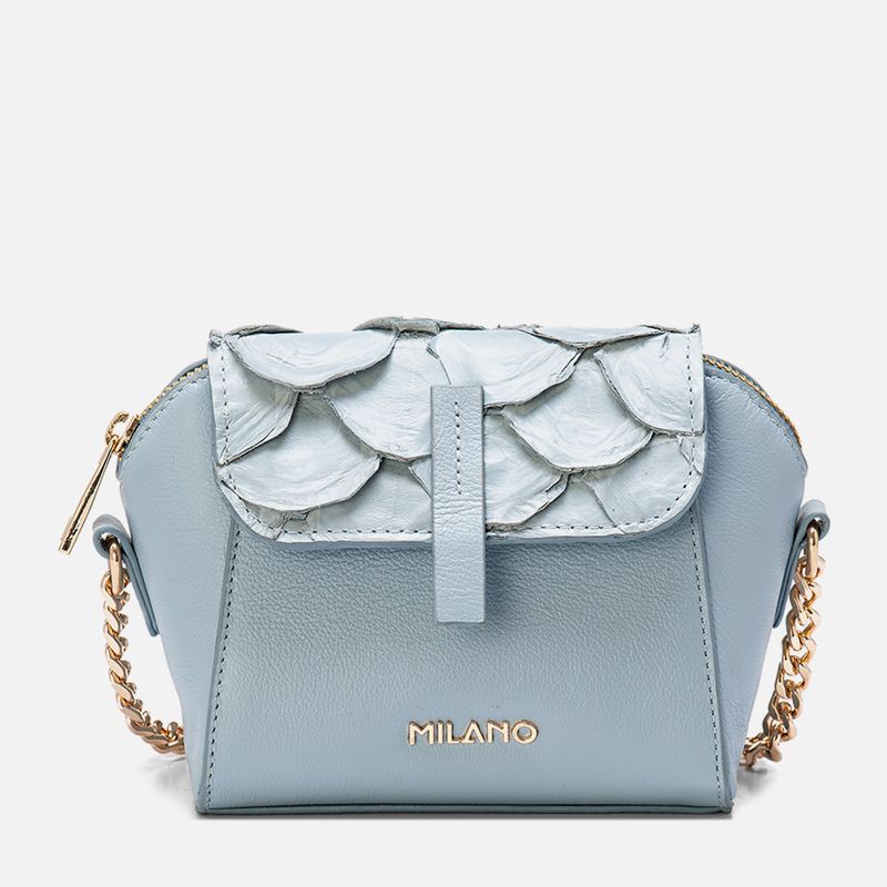 Bolsa-Tiracolo-ou-Transversal-Pequena-Feita-Mix-Couro-Exotico-Pirarucu-e-Bovino-Aba-Frontal-Alca-Corrente-Feminina-Milano-Azul-Skyazul-Sky-