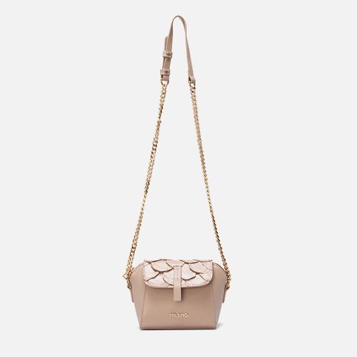 Bolsa Tiracolo ou Transversal Pequena Feita Mix Couro Exótico Pirarucu e Bovino Aba Frontal Alça Corrente Feminina Milano Nude/nude 13893
