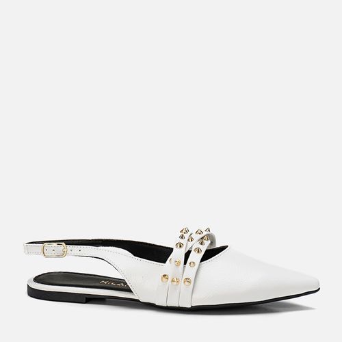 Sapatilha Aberta Slingback Bico Fino Tiras Finas Tachas Spike de Pirâmide Feminino Milano Branco 13917
